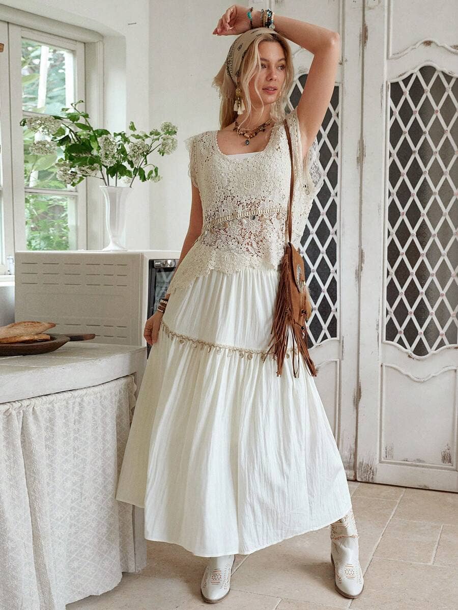 Crochet Lace Shell & Stone Trim Tank | SS26