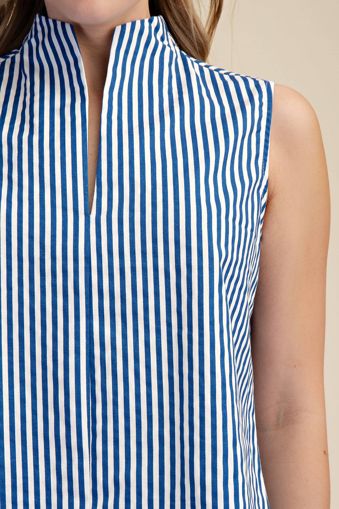 Stand Collar Slit V-Neck Sleeveless Stripe Top | SS26