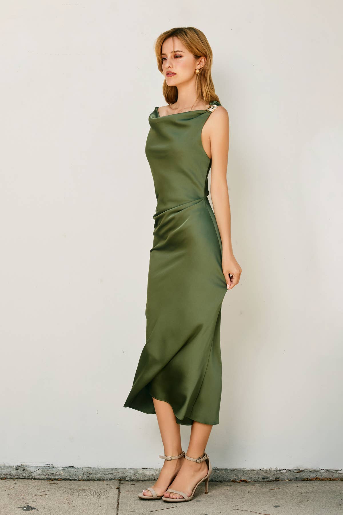 Dull Satin Off-The-Shoulder Ruched Midi Dress