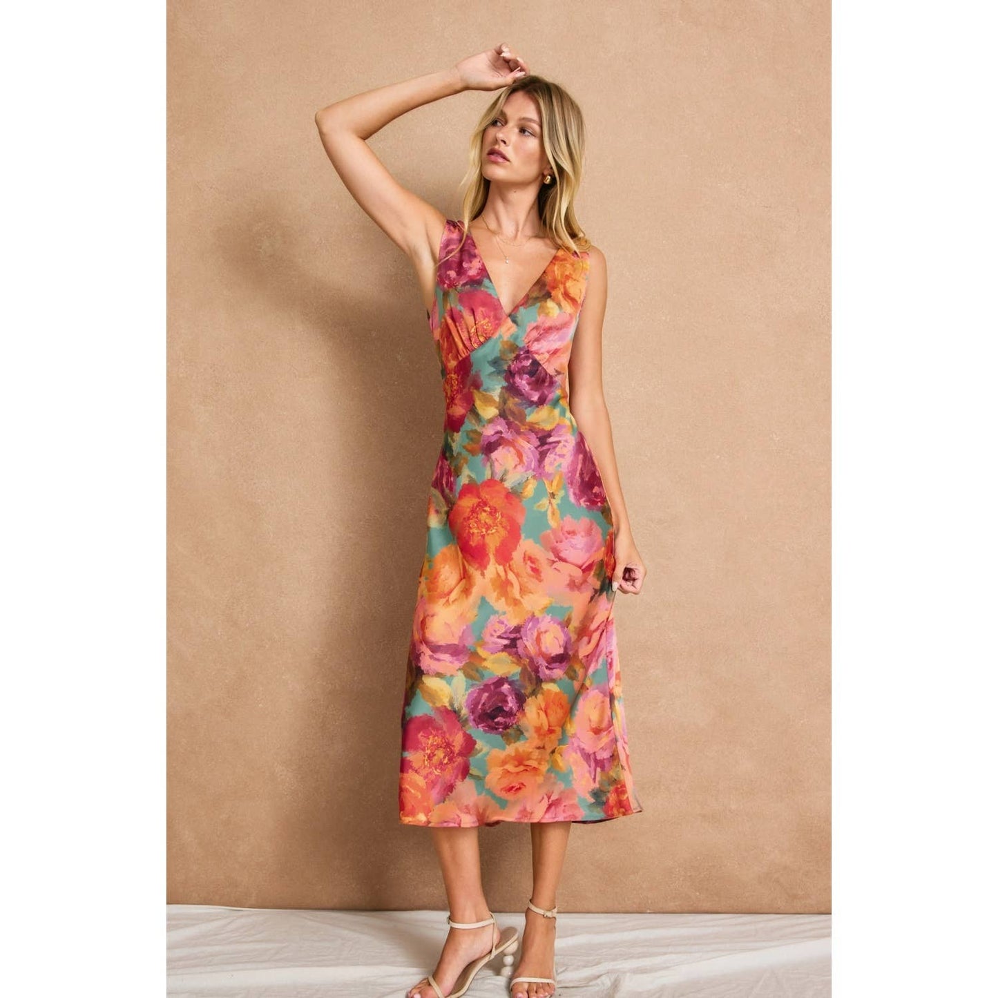 Vineyard Floral Slip Dress – Lined Satin Midi