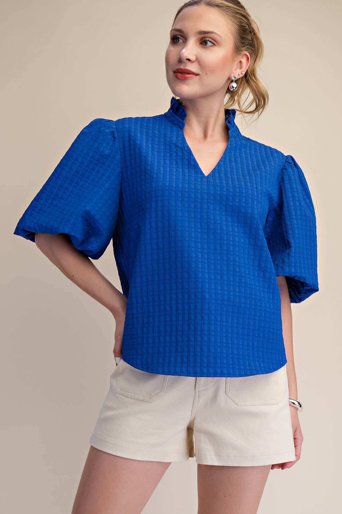 Puff Sleeve Ruffled Neck Textured Top | SS26