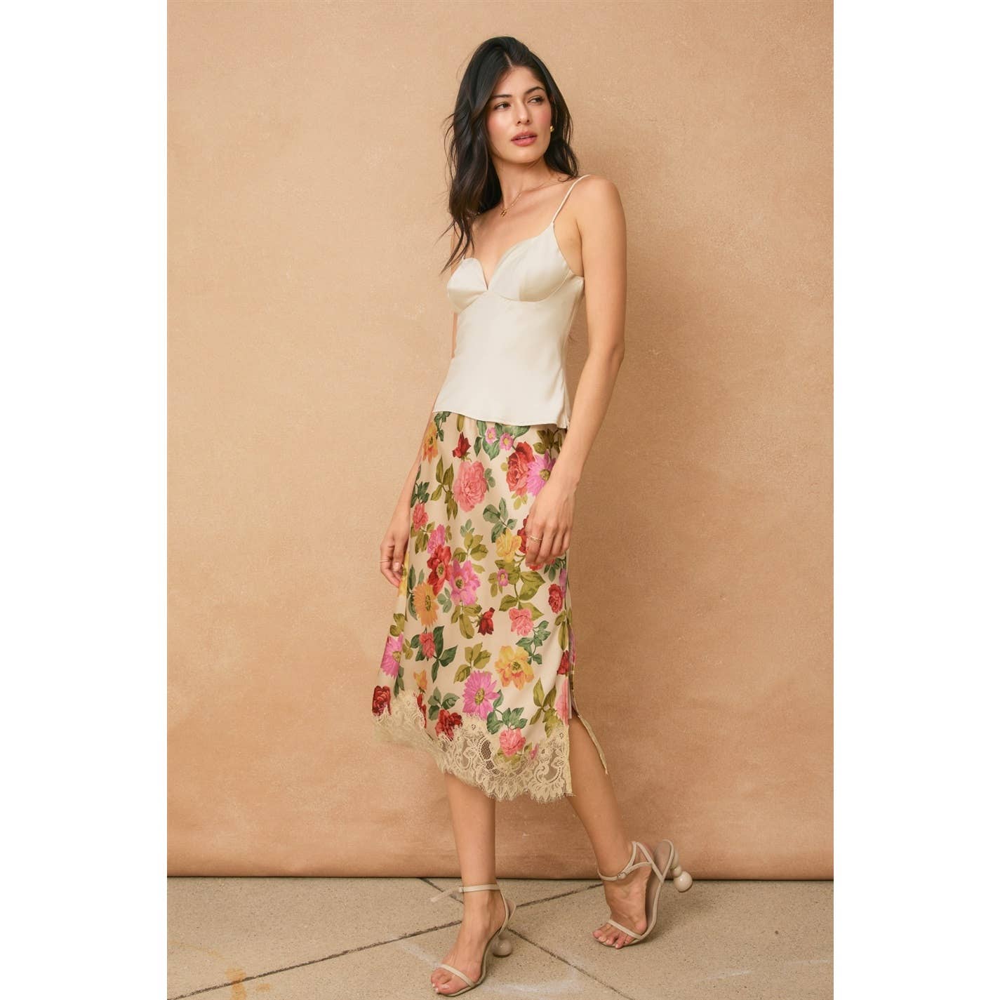 Floral Satin Midi Skirt with Lace Trim
