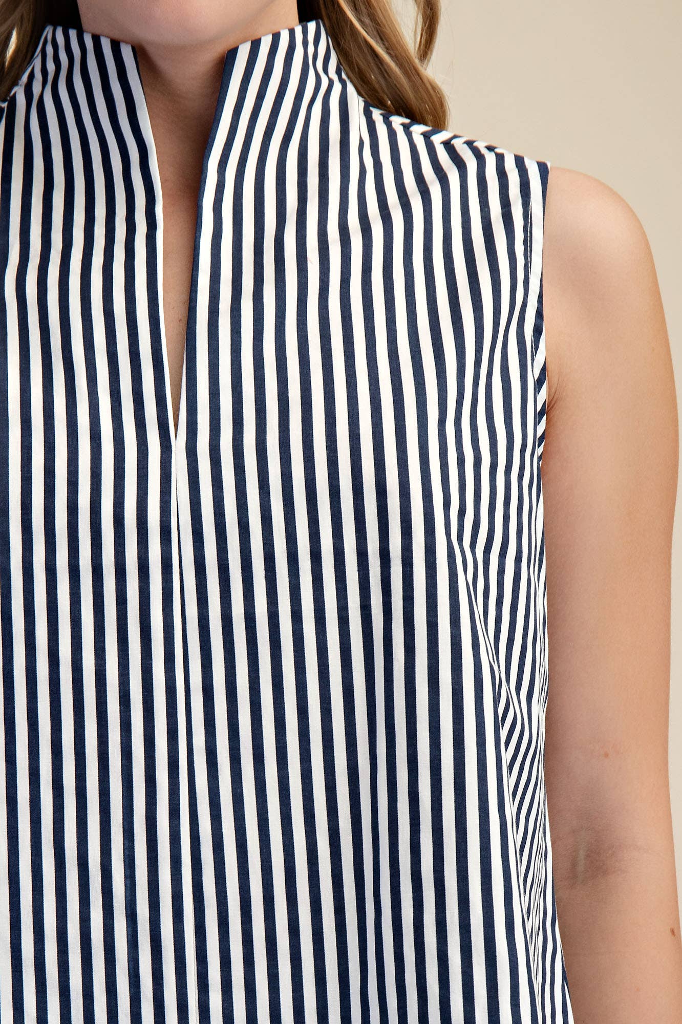Stand Collar Slit V-Neck Sleeveless Stripe Top | SS26
