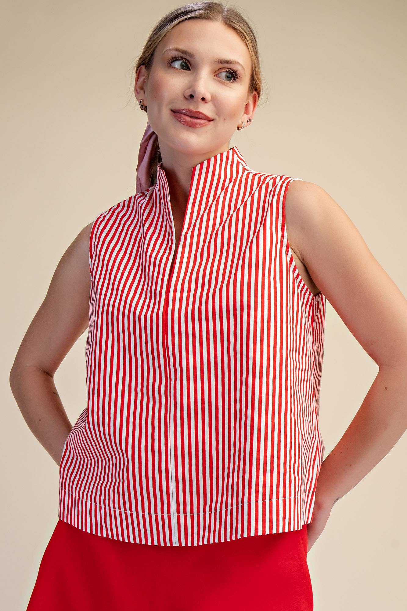 Stand Collar Slit V-Neck Sleeveless Stripe Top | SS26