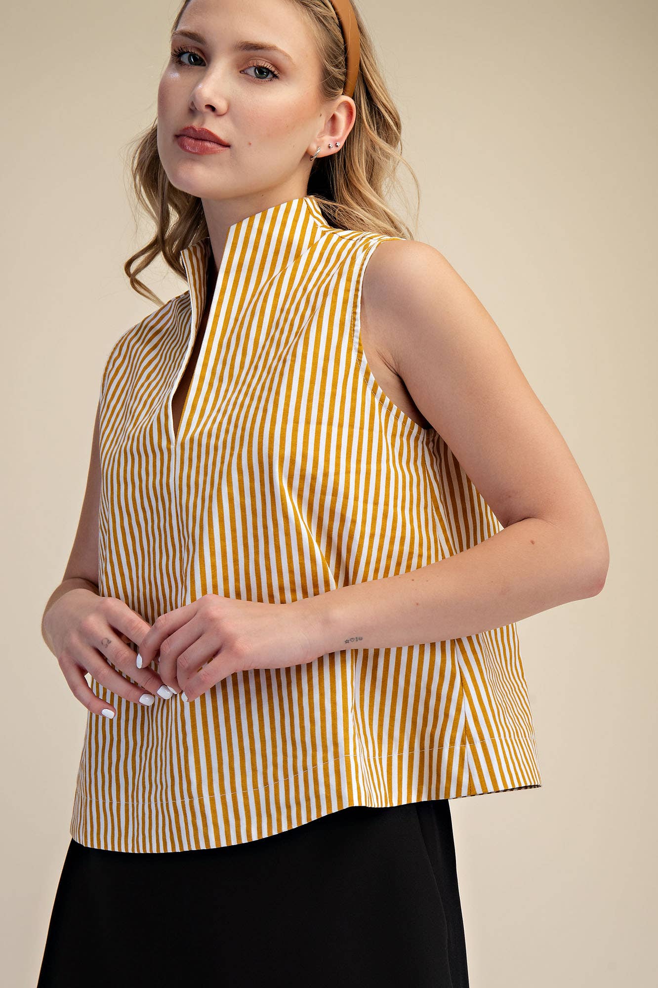 Stand Collar Slit V-Neck Sleeveless Stripe Top | SS26