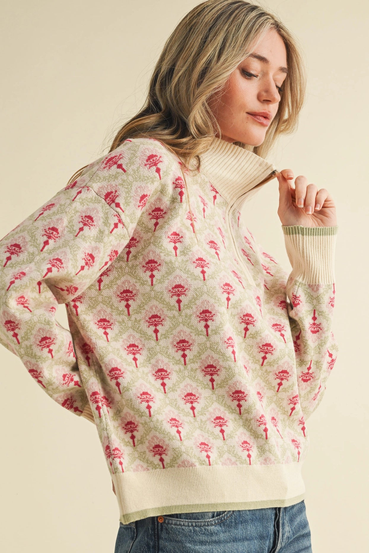 Floral Mock Neck Half Zip Pullover - Cozy Travel Essential