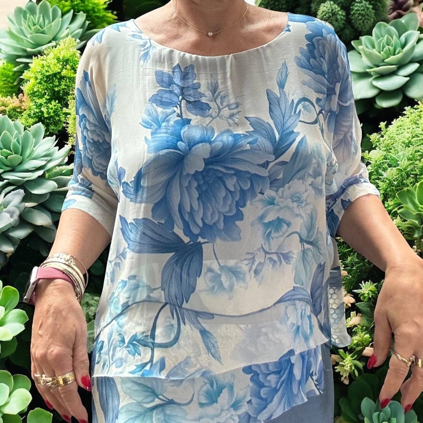 Italian Silk Print Top with Frayed Front Layers — Burgundy