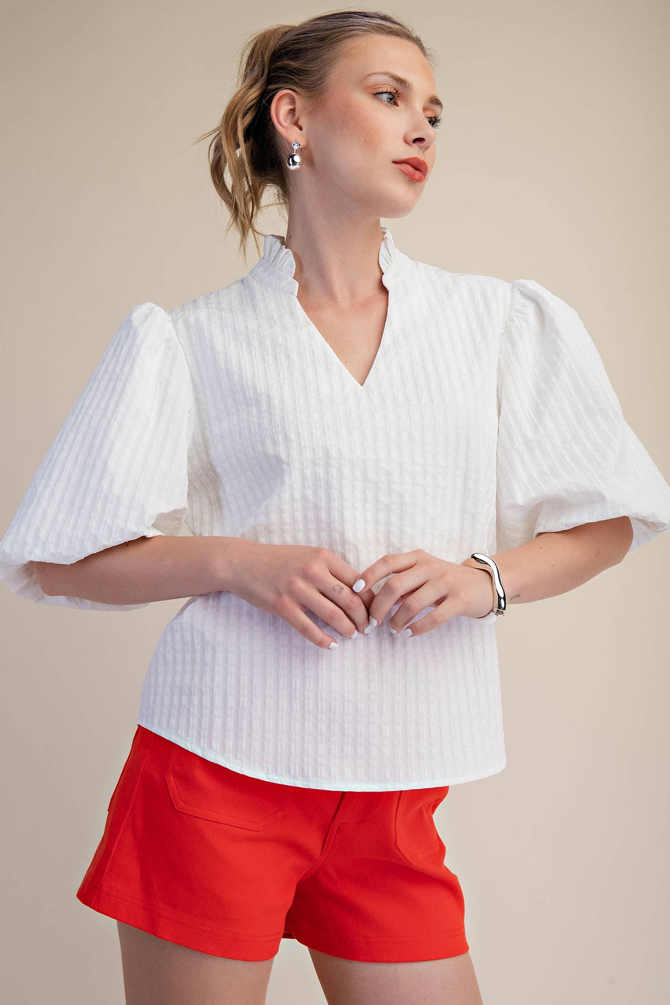 Puff Sleeve Ruffled Neck Textured Top | SS26
