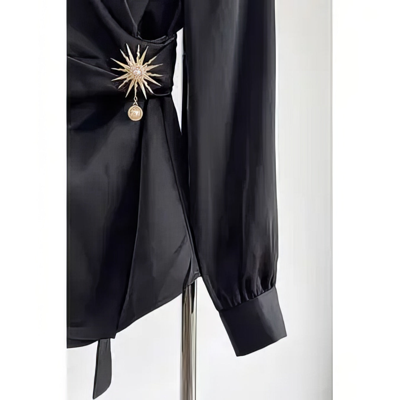 Satin Black Blouse with Brooch