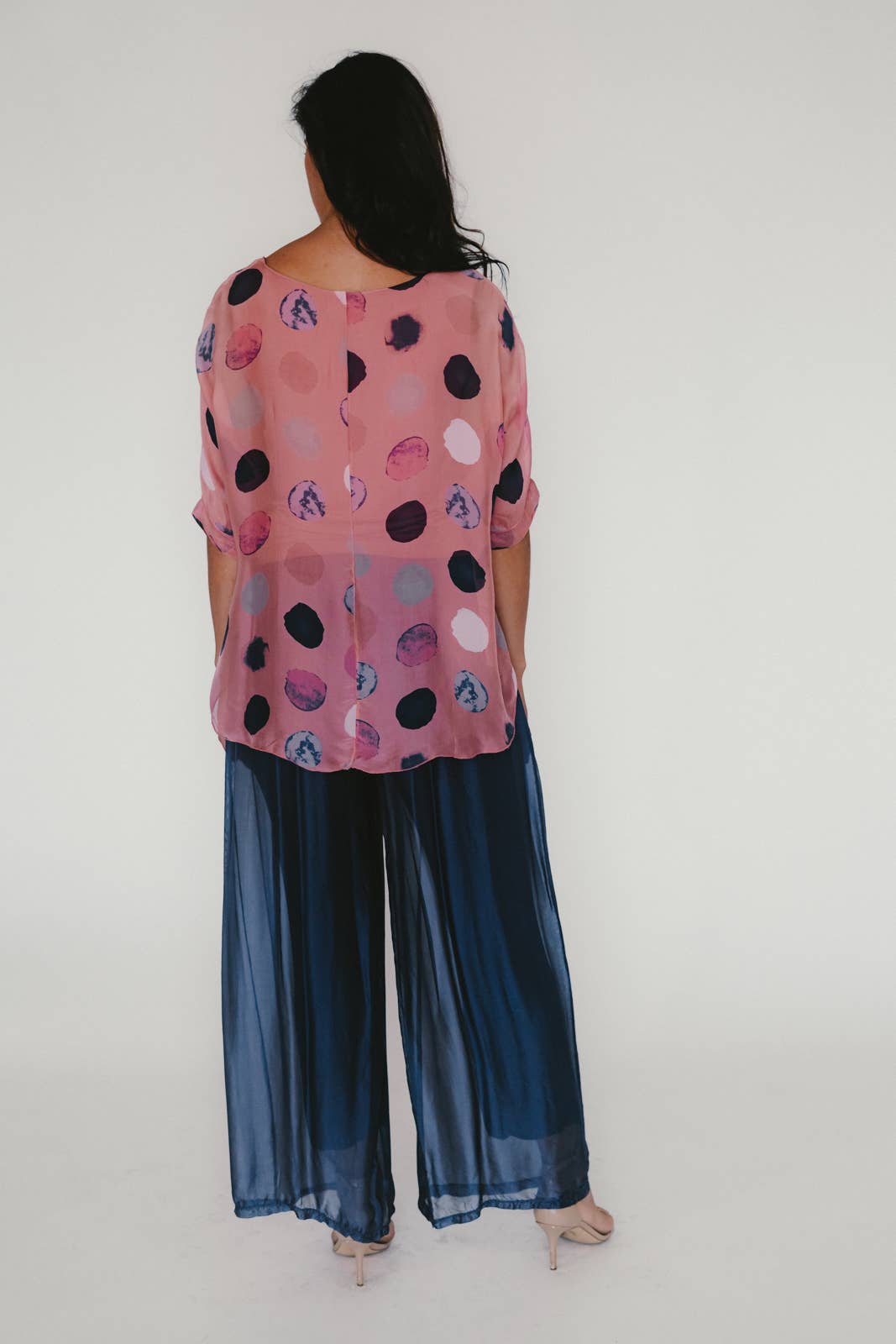 Top-Italian Flowy Silk with Dots: Navy / One Size