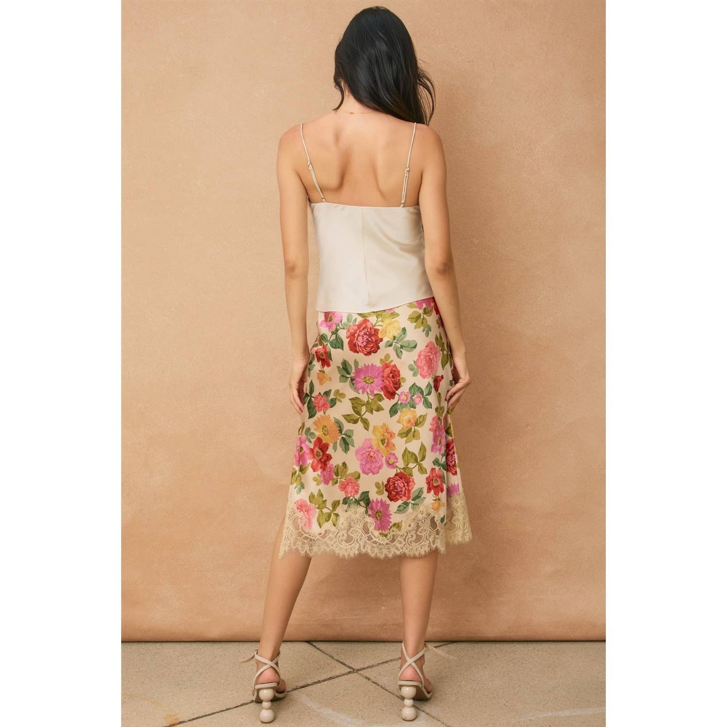 Floral Satin Midi Skirt with Lace Trim