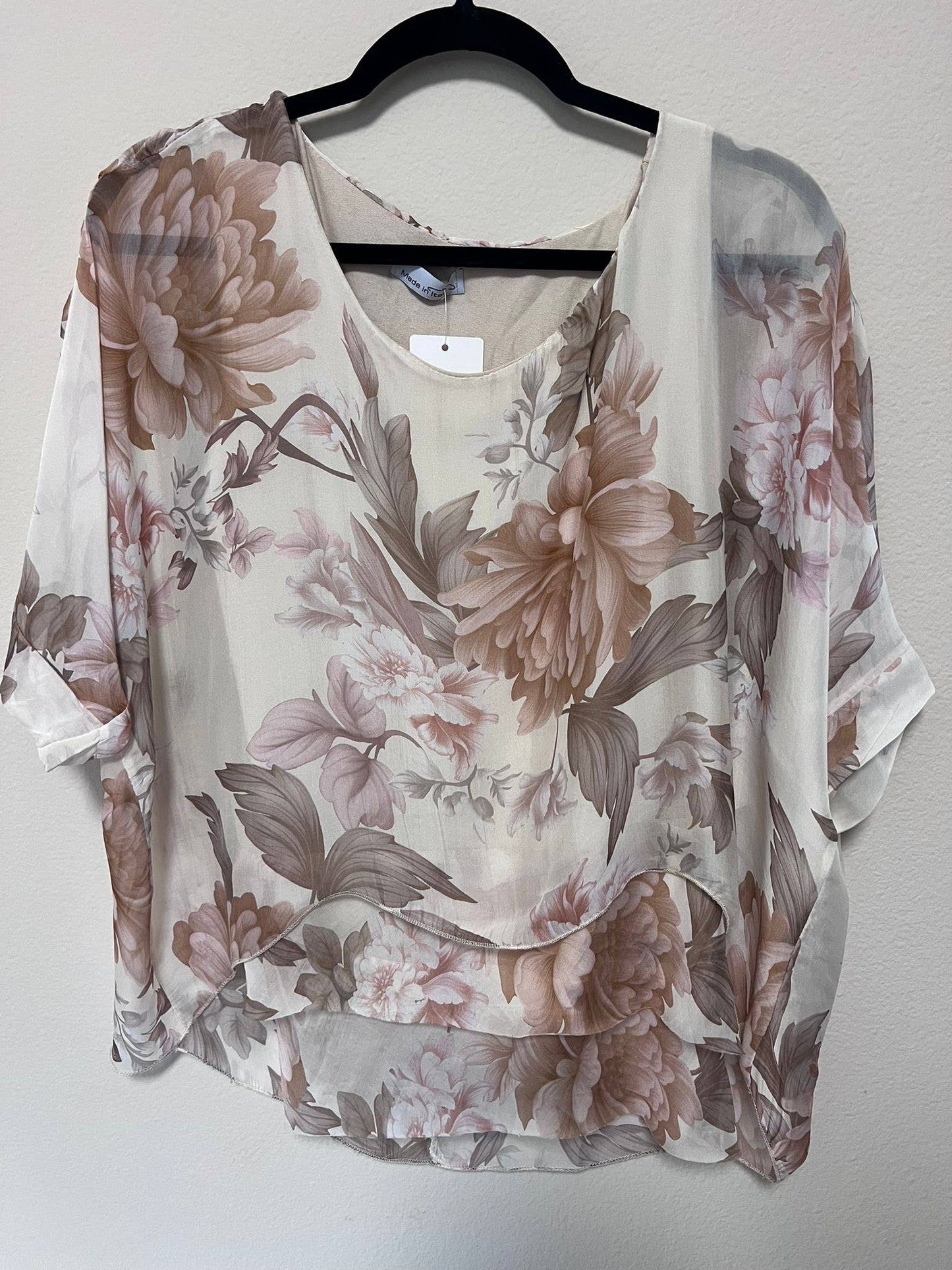 Italian Silk Print Top with Frayed Front Layers — Burgundy