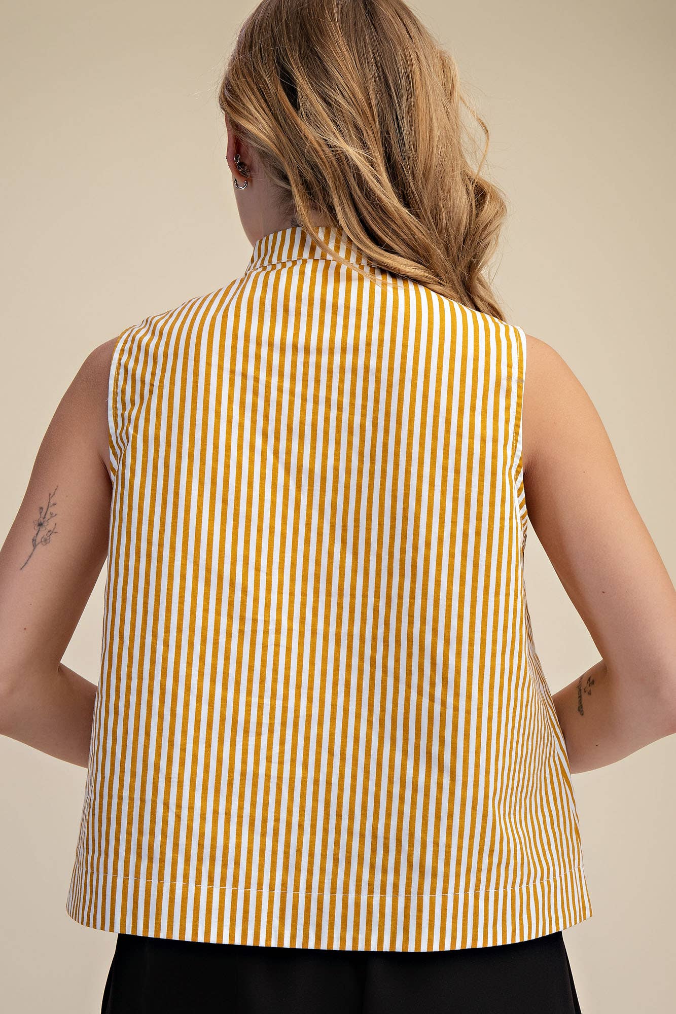 Stand Collar Slit V-Neck Sleeveless Stripe Top | SS26