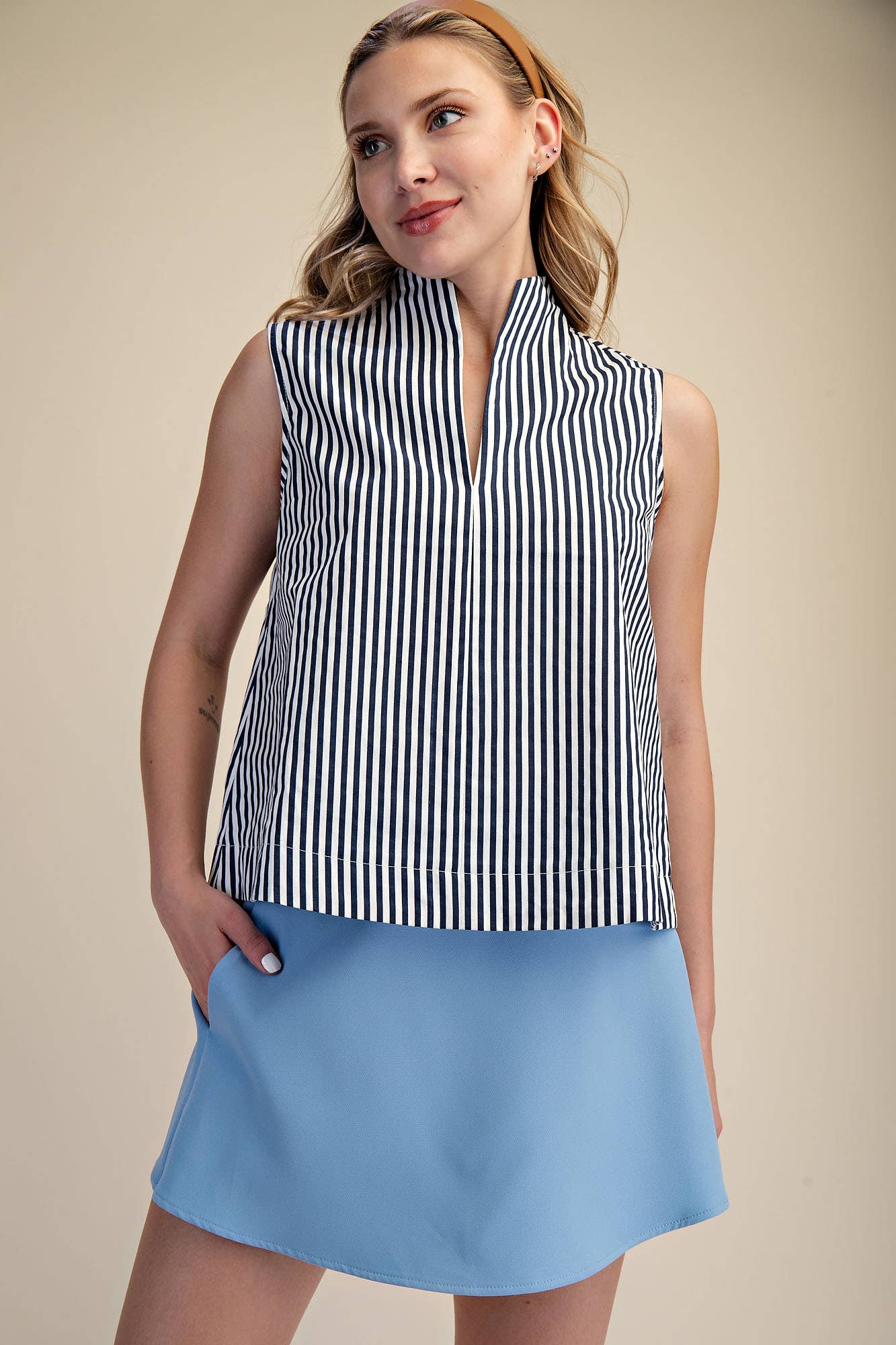 Stand Collar Slit V-Neck Sleeveless Stripe Top | SS26