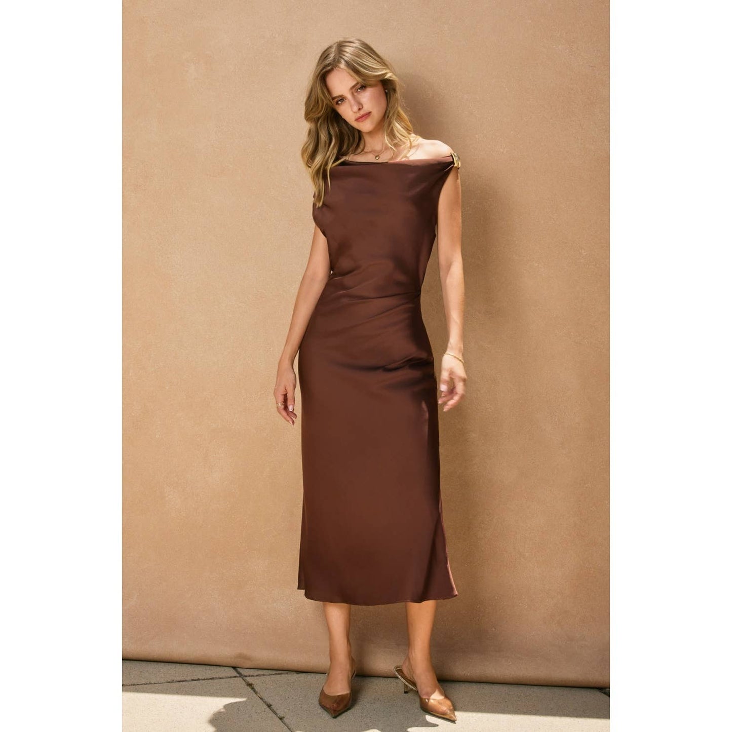 Dull Satin Off-The-Shoulder Ruched Midi Dress