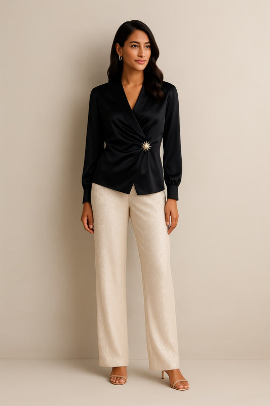 Satin Black Blouse with Brooch