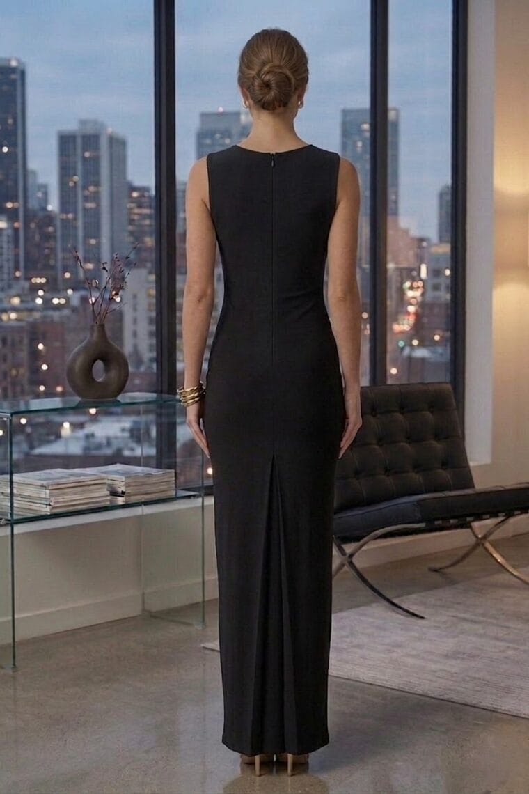 Sleek ITY Maxi Dress with Gold Waist Accent And Shoulder