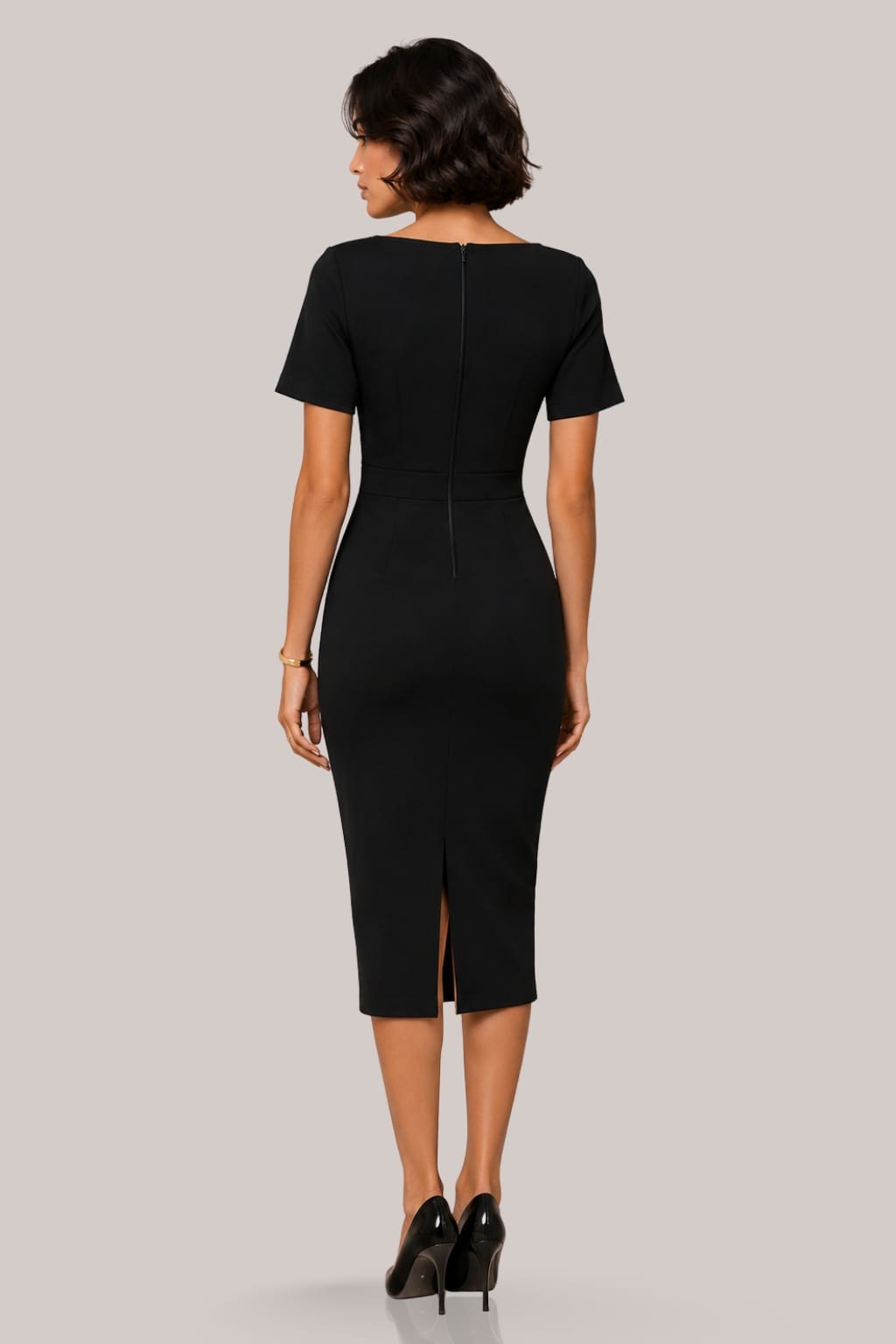 Boat Neck Ruched Midi Dress in Black - back view
