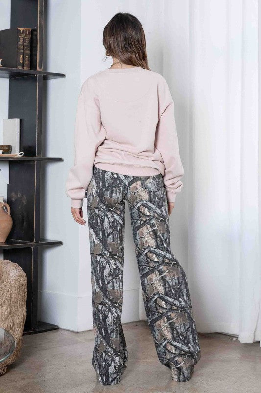 High Rise Camo Print Wide Leg Jean
