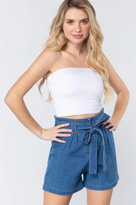Belted Tie Pleated Denim Shorts