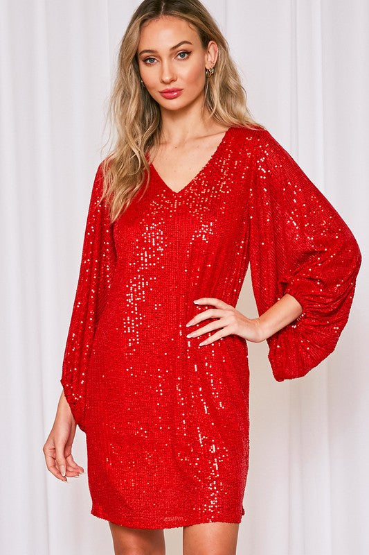 V-Neck Balloon Sleeve Sequin Dress