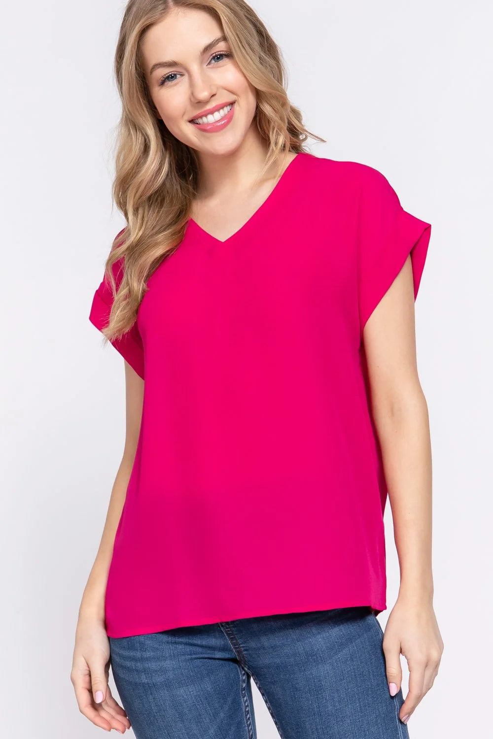 Rolled Cuff Sleeve V-Neck Blouse - Effortless Everyday Style