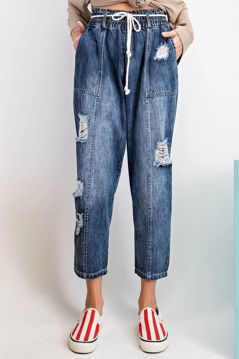 Elastic Waisted Washed Cargo Denim Pants