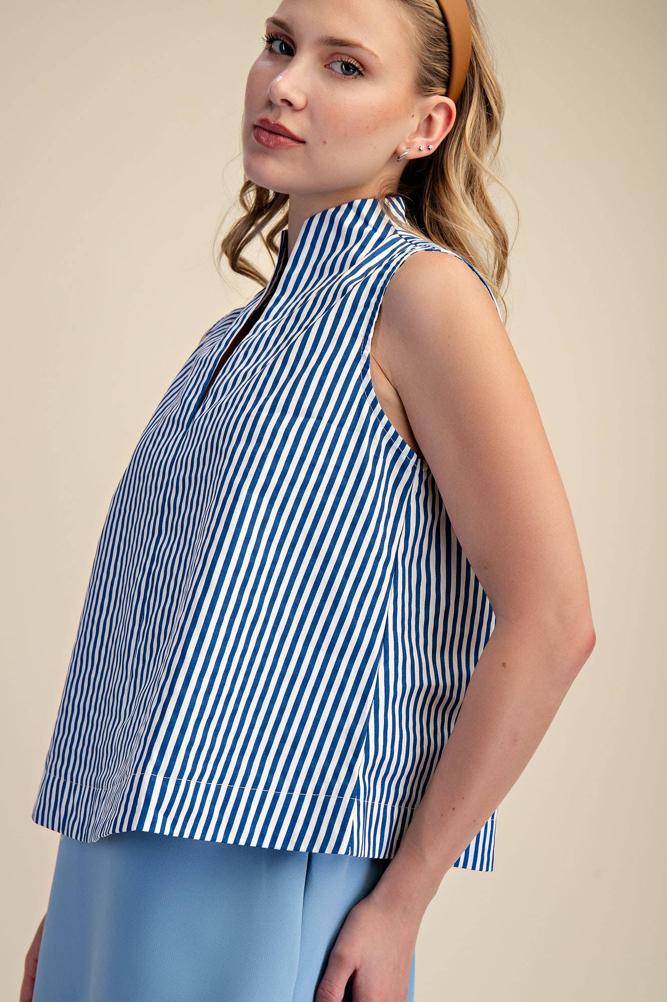 Stand Collar Slit V-Neck Sleeveless Stripe Top | SS26