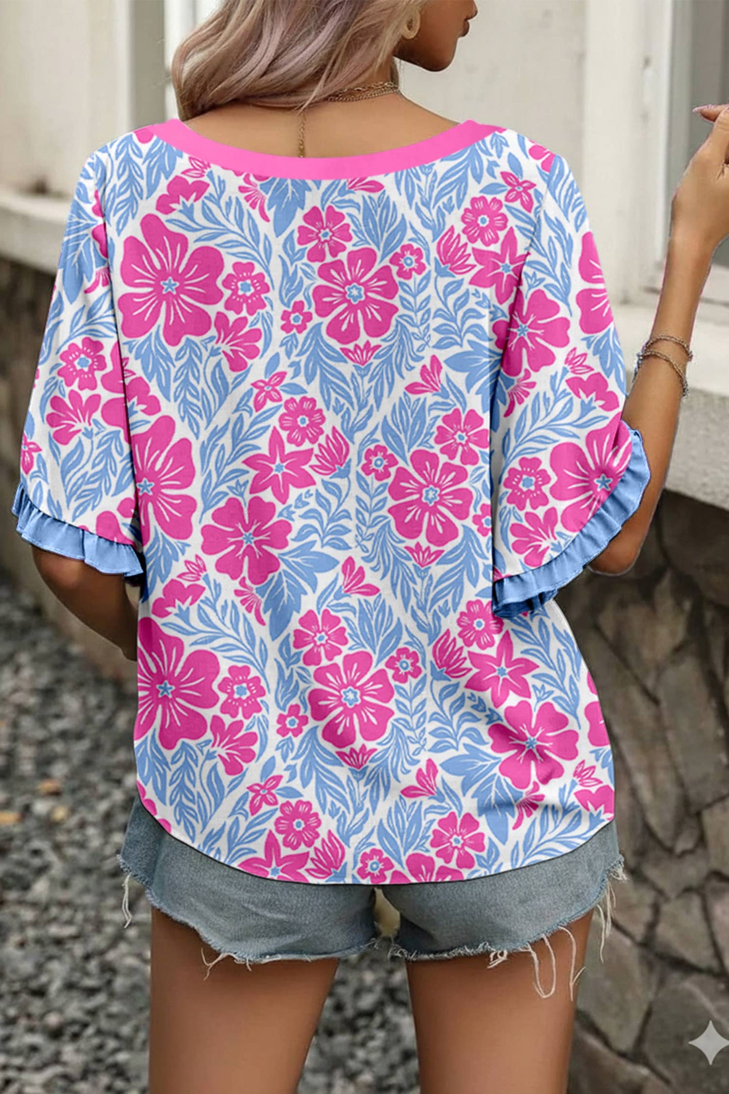 Floral Print Frill Trim Blouse