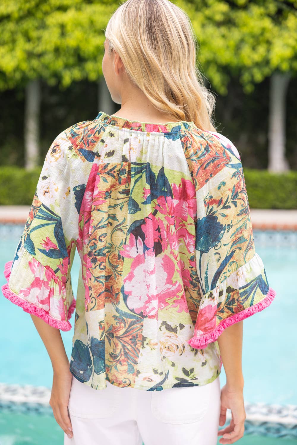 Tassel Front Fringe Wide Sleeve Floral Top