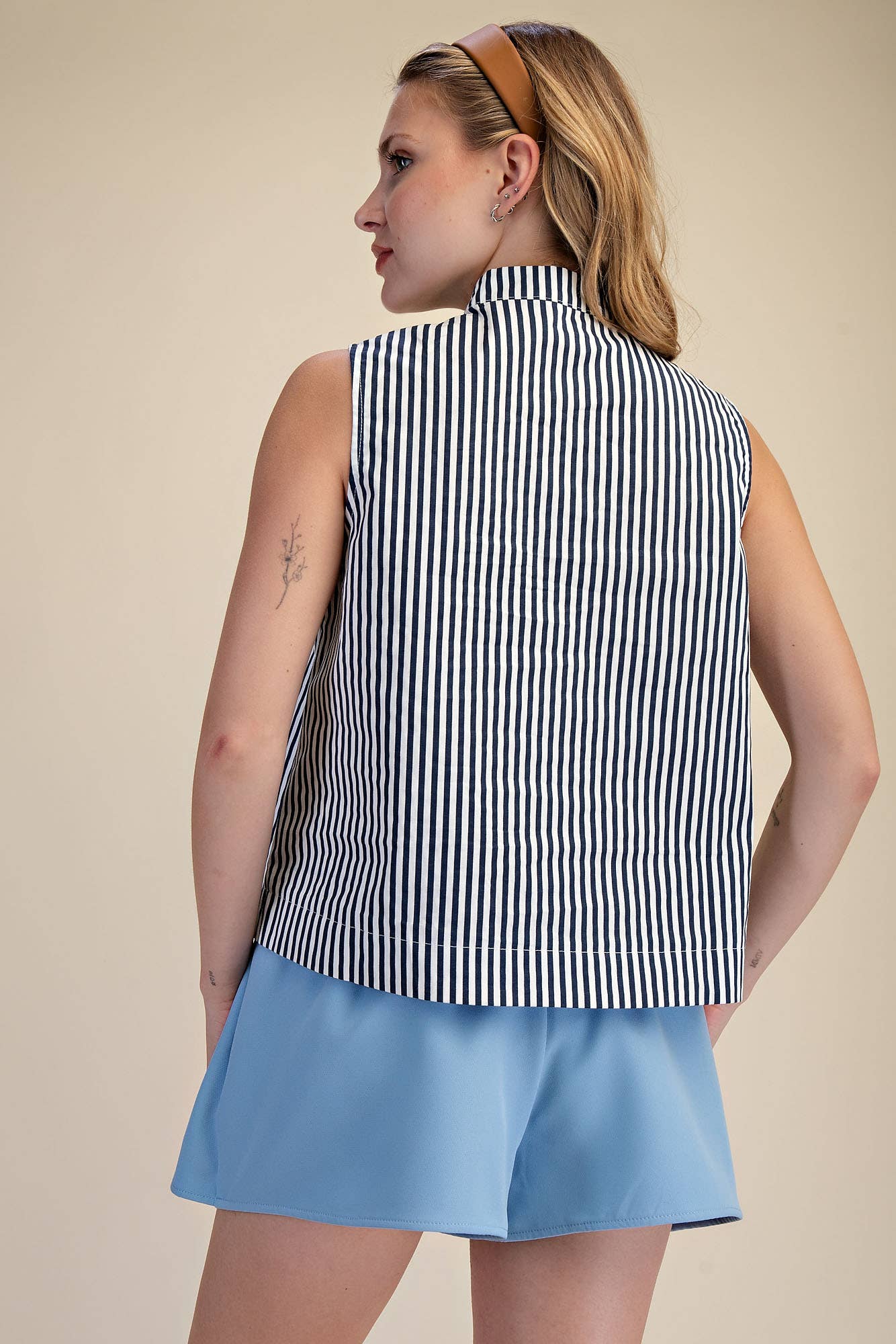 Stand Collar Slit V-Neck Sleeveless Stripe Top | SS26