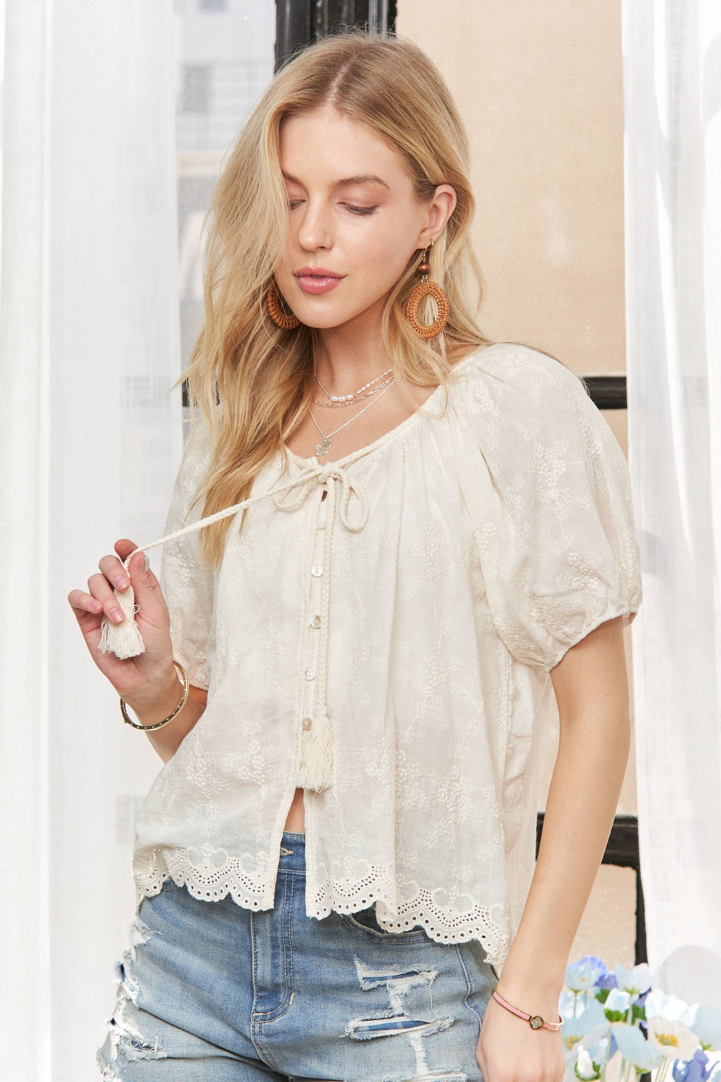 CET3893-ELASTIC SHORT SLEEVES TOP: BEIGE / S