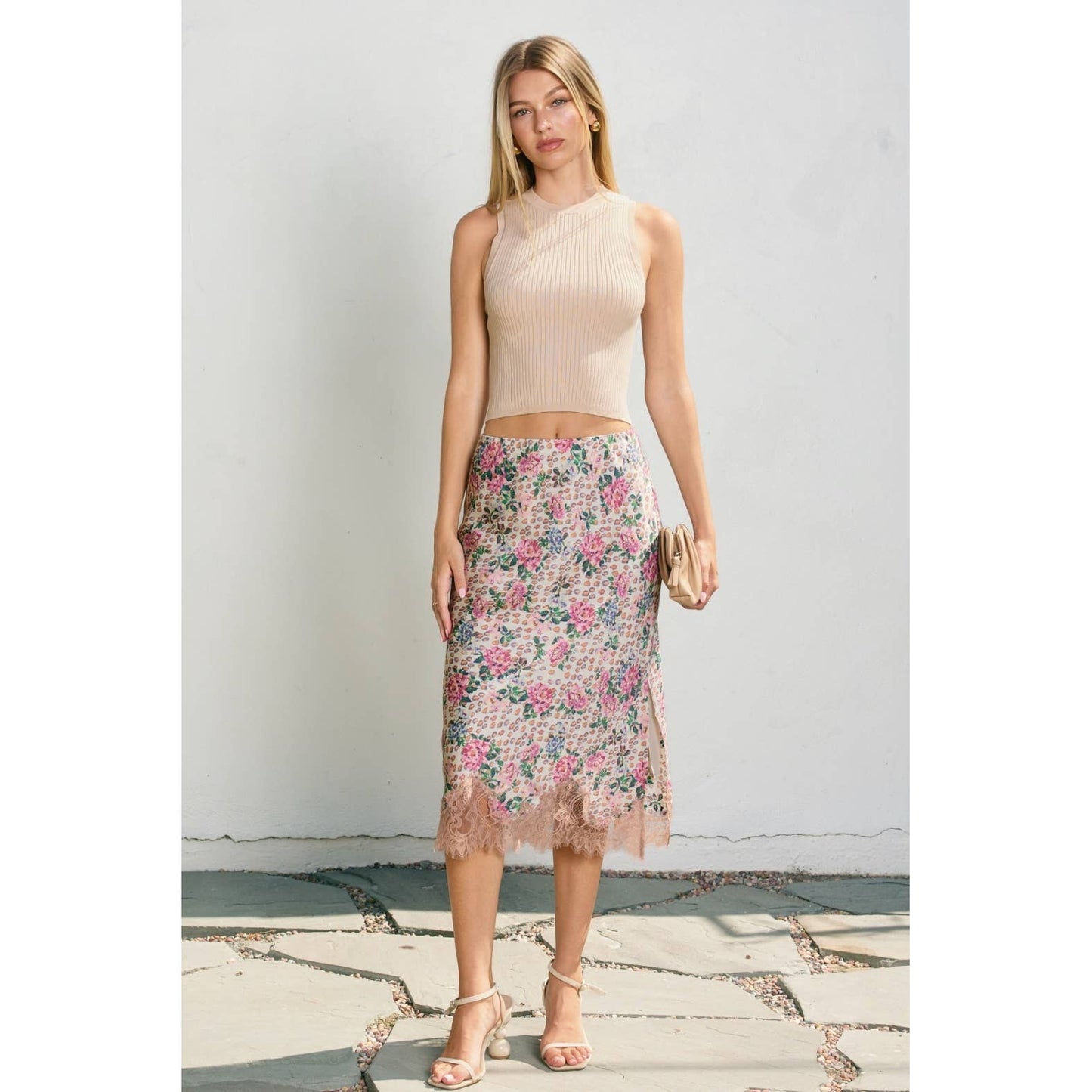 Soft Bouquet Lace Hem Midi Skirt