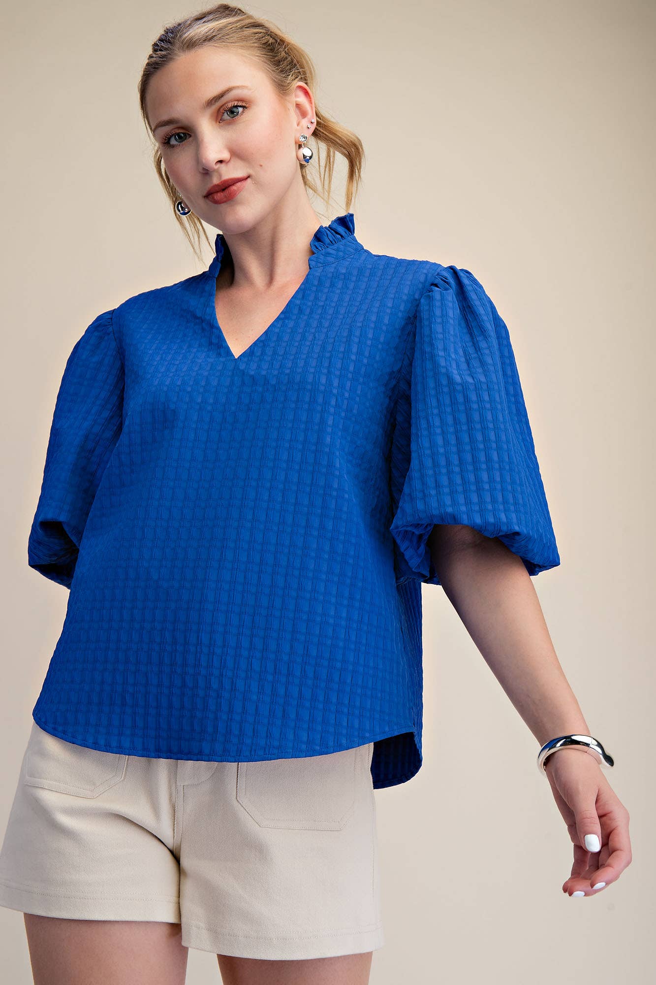 Puff Sleeve Ruffled Neck Textured Top | SS26