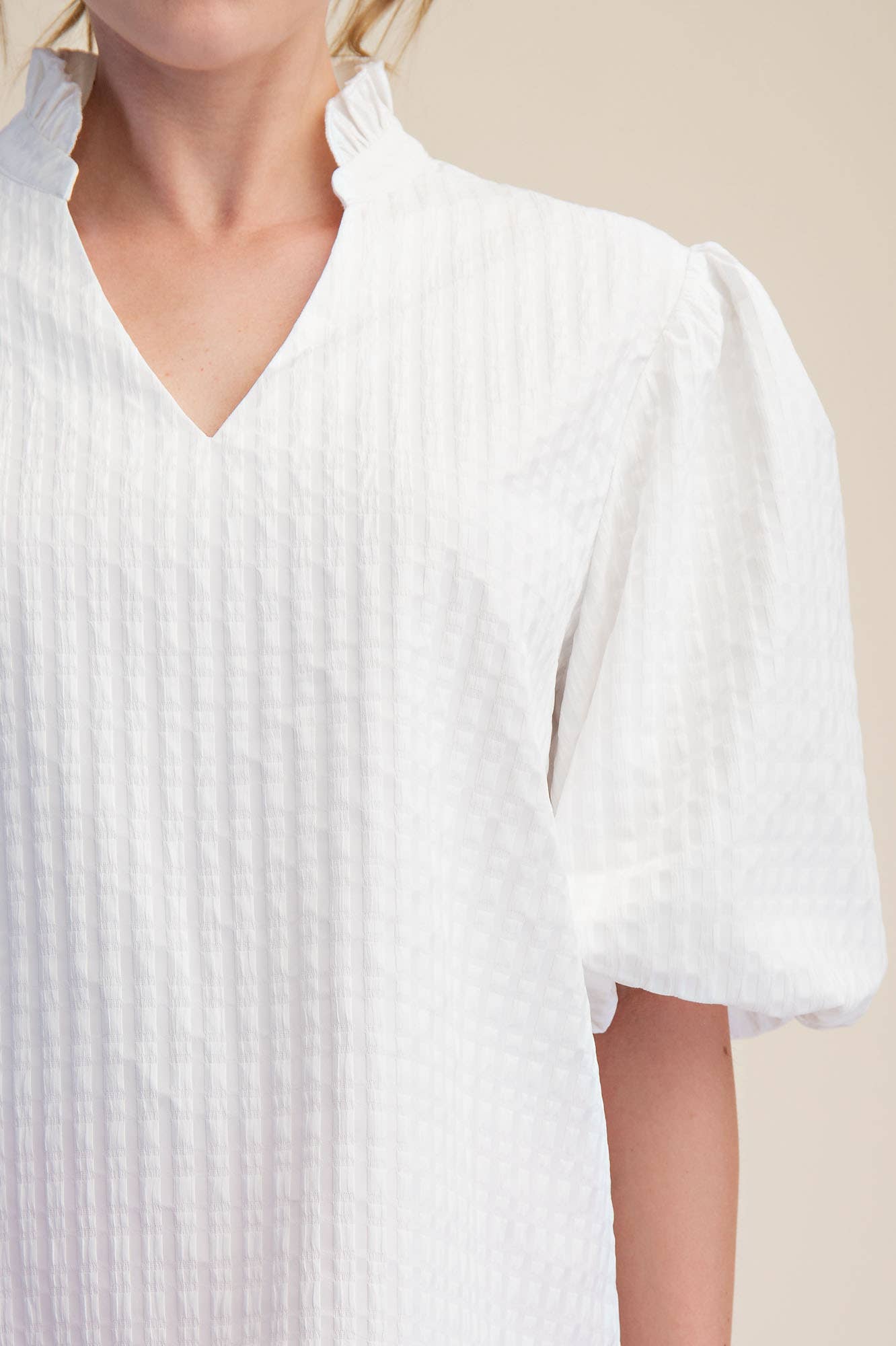 Puff Sleeve Ruffled Neck Textured Top | SS26