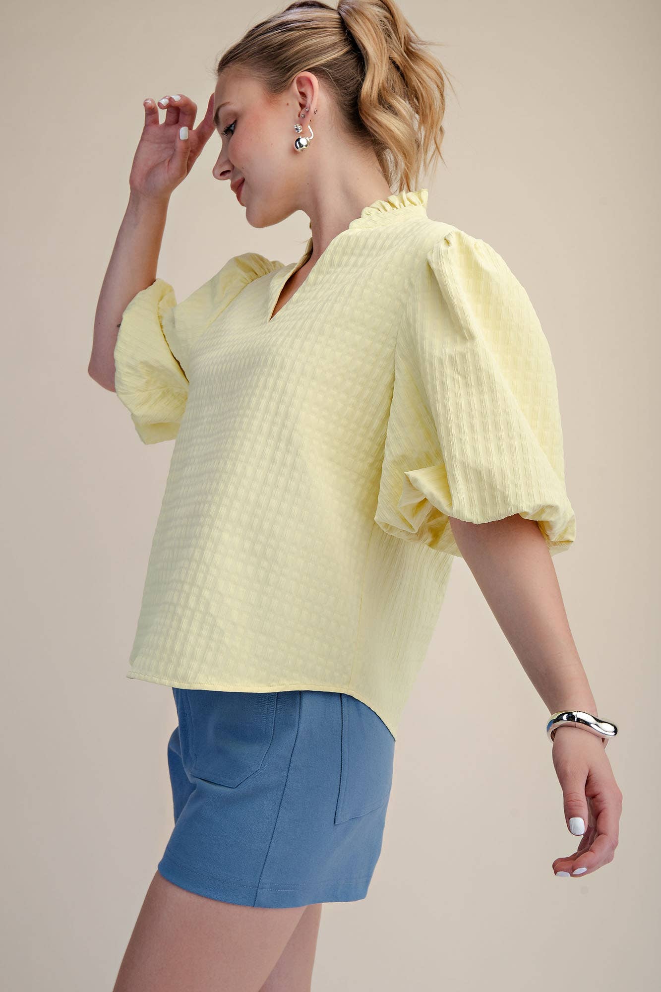 Puff Sleeve Ruffled Neck Textured Top | SS26