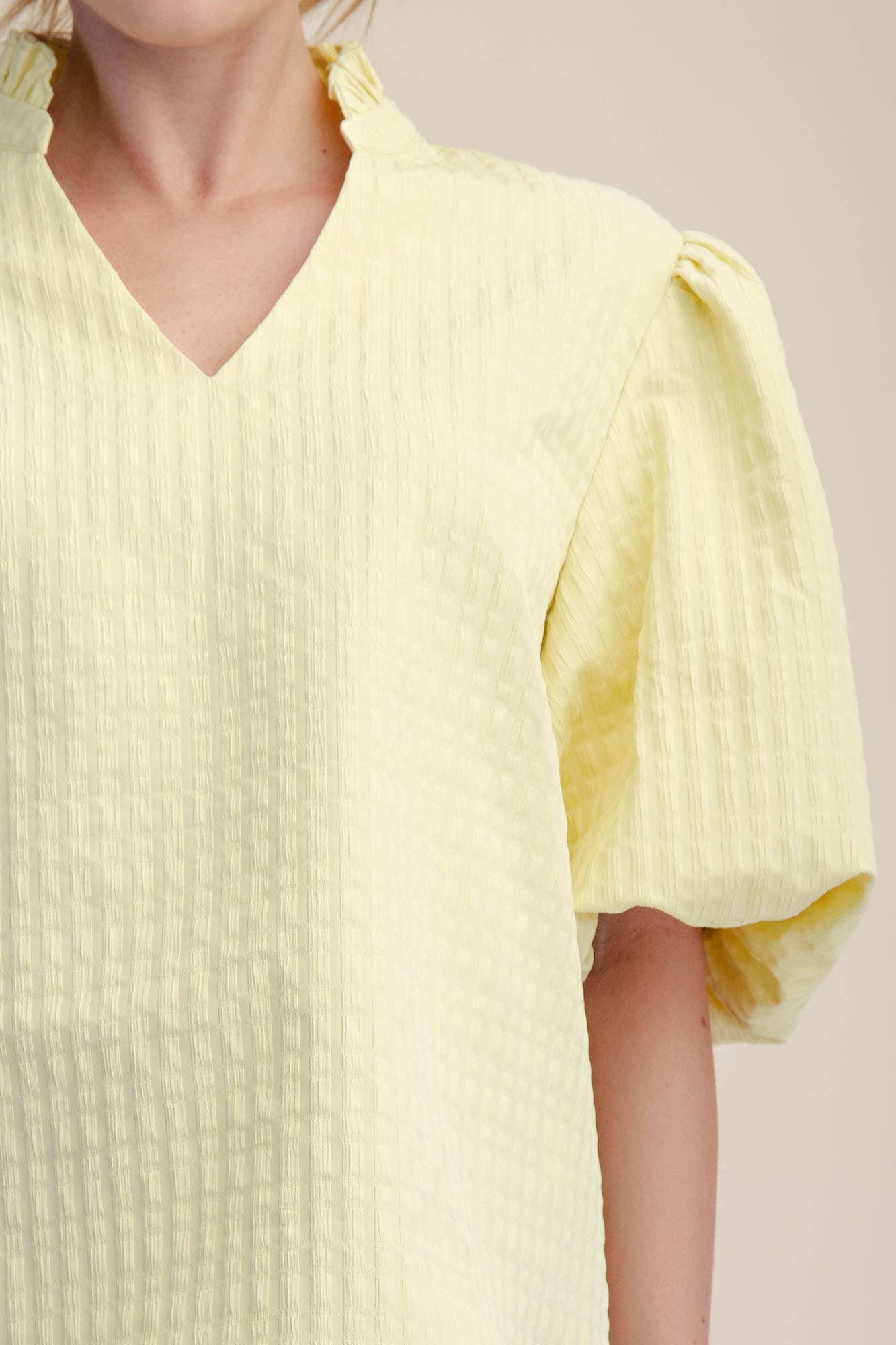 Puff Sleeve Ruffled Neck Textured Top | SS26