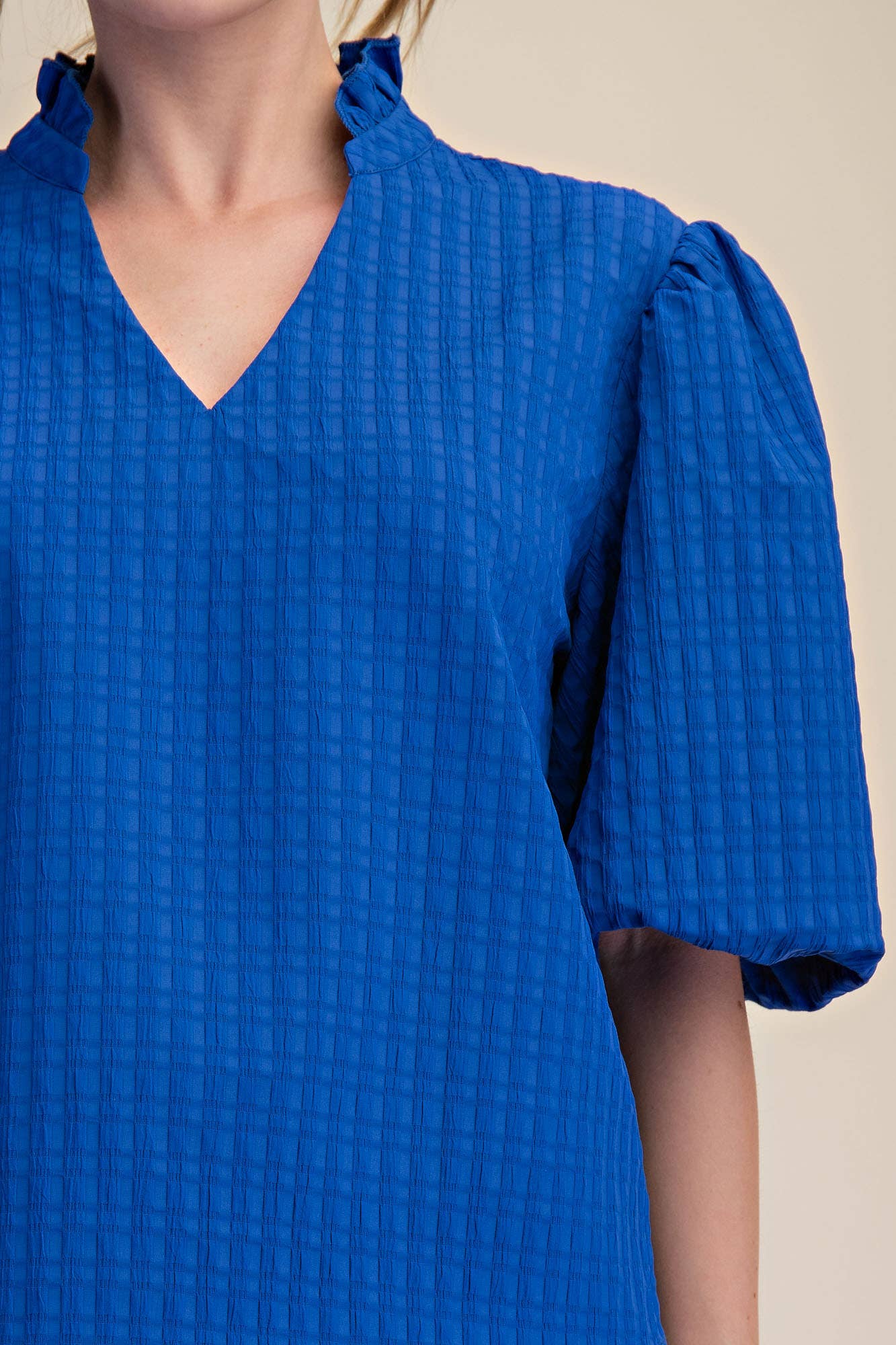 Puff Sleeve Ruffled Neck Textured Top | SS26