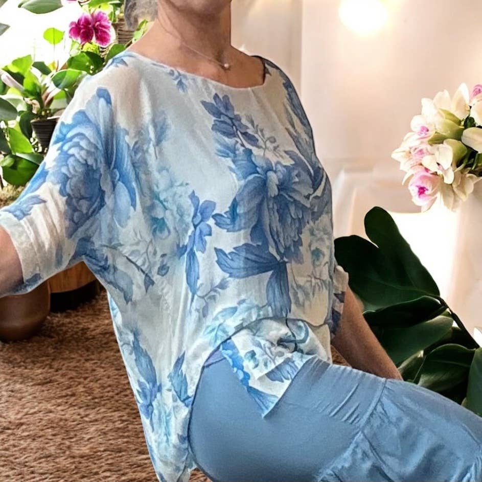 Italian Silk Print Top with Frayed Front Layers — New Style