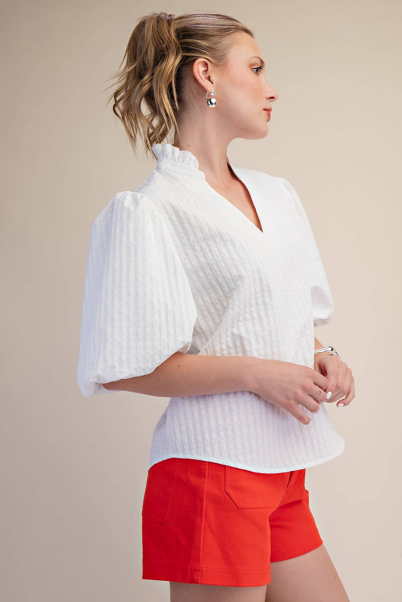 Puff Sleeve Ruffled Neck Textured Top | SS26