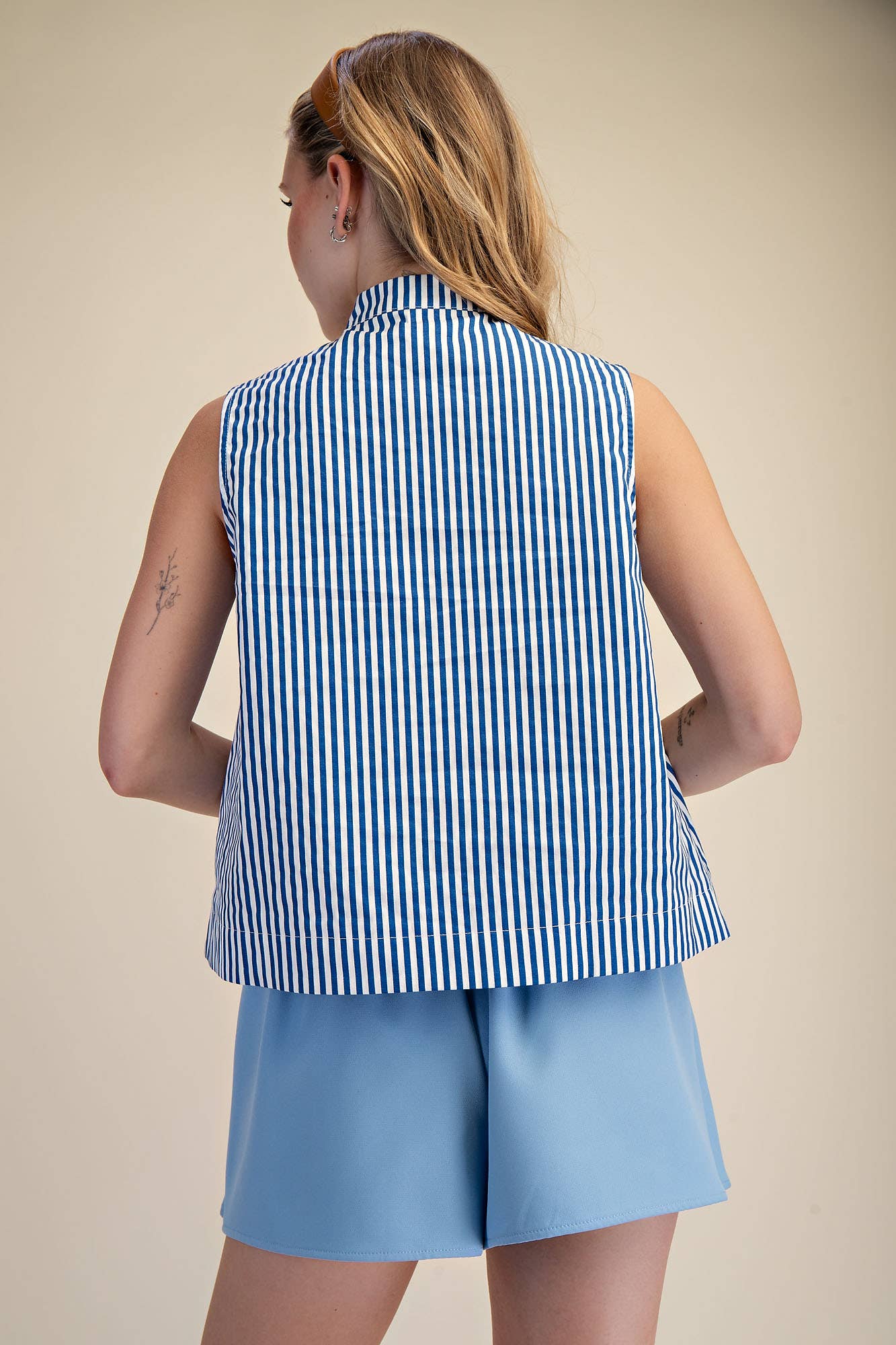 Stand Collar Slit V-Neck Sleeveless Stripe Top | SS26