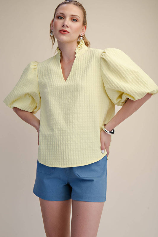 Puff Sleeve Ruffled Neck Textured Top | SS26