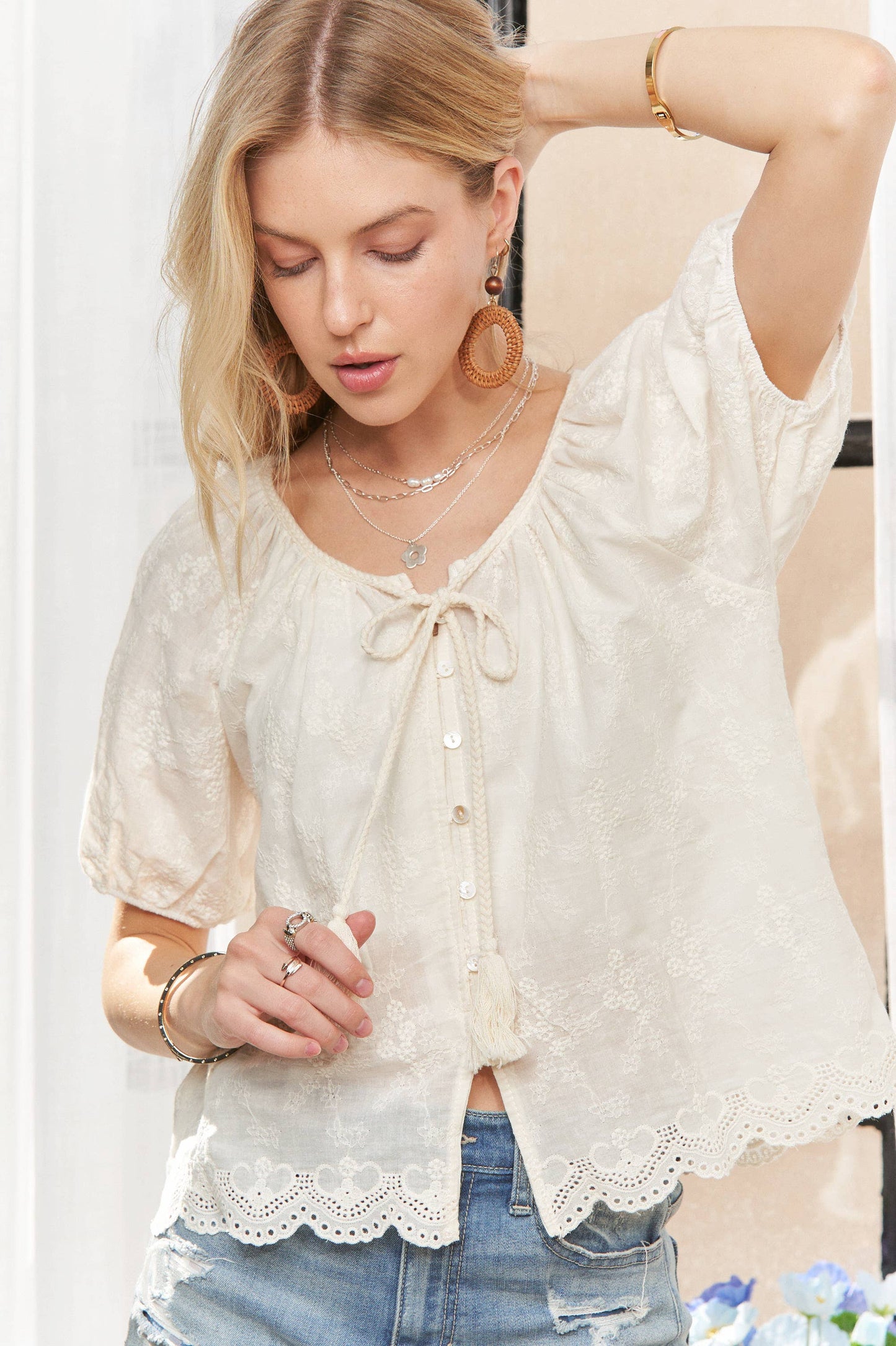 CET3893-ELASTIC SHORT SLEEVES TOP: BEIGE / S