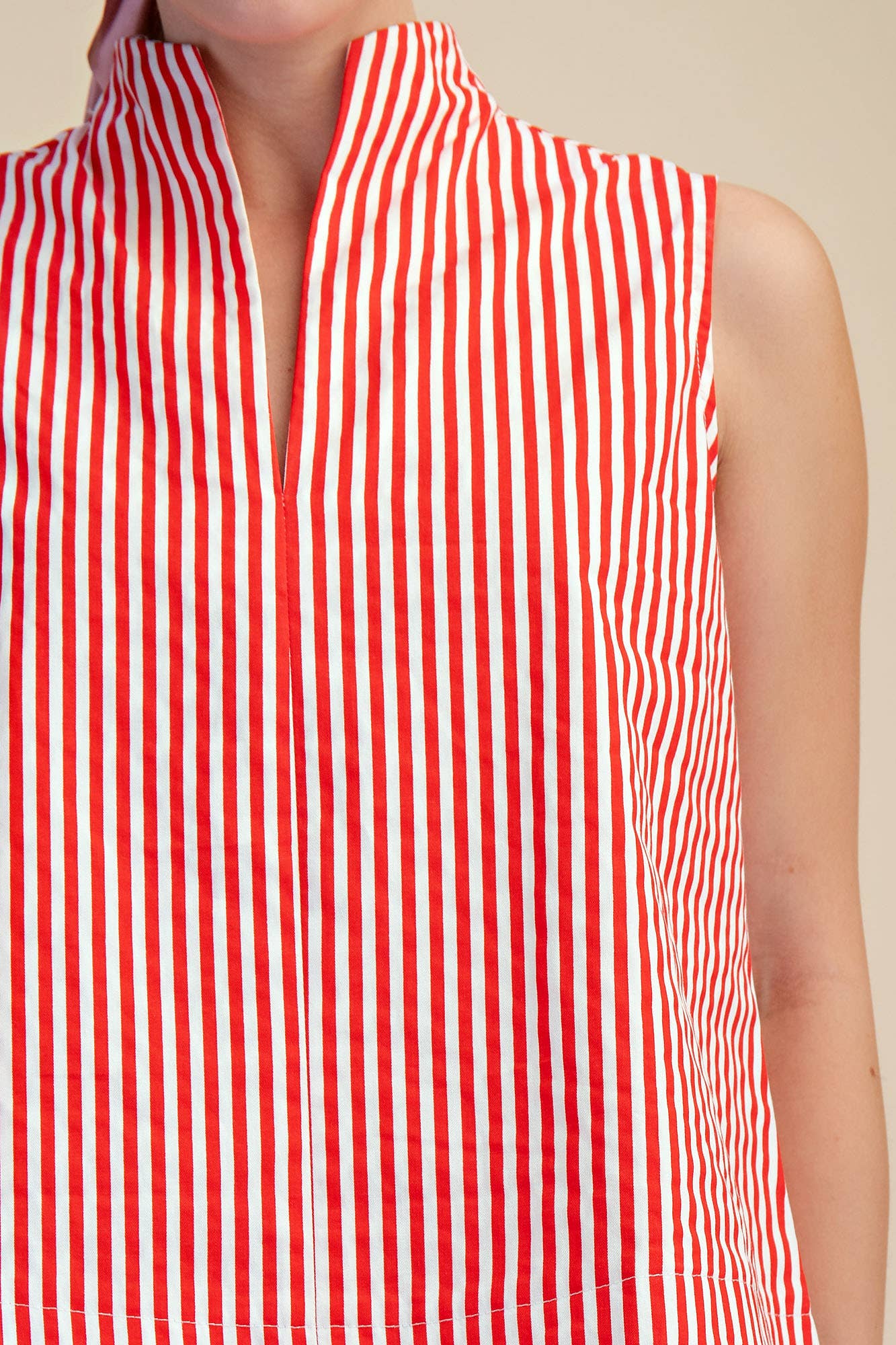 Stand Collar Slit V-Neck Sleeveless Stripe Top | SS26