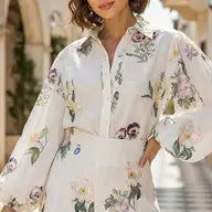 High-Waisted Shorts Shirt Linen Printed Set