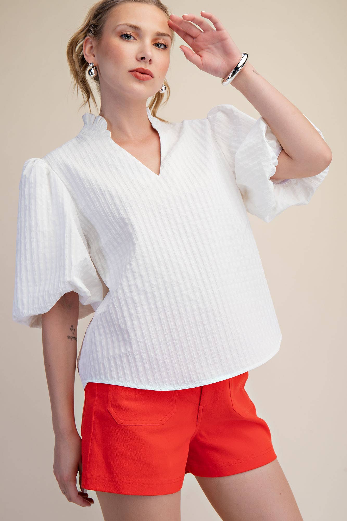Puff Sleeve Ruffled Neck Textured Top | SS26