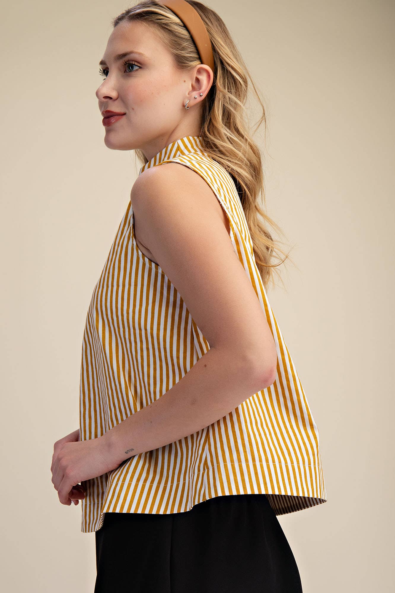 Stand Collar Slit V-Neck Sleeveless Stripe Top | SS26