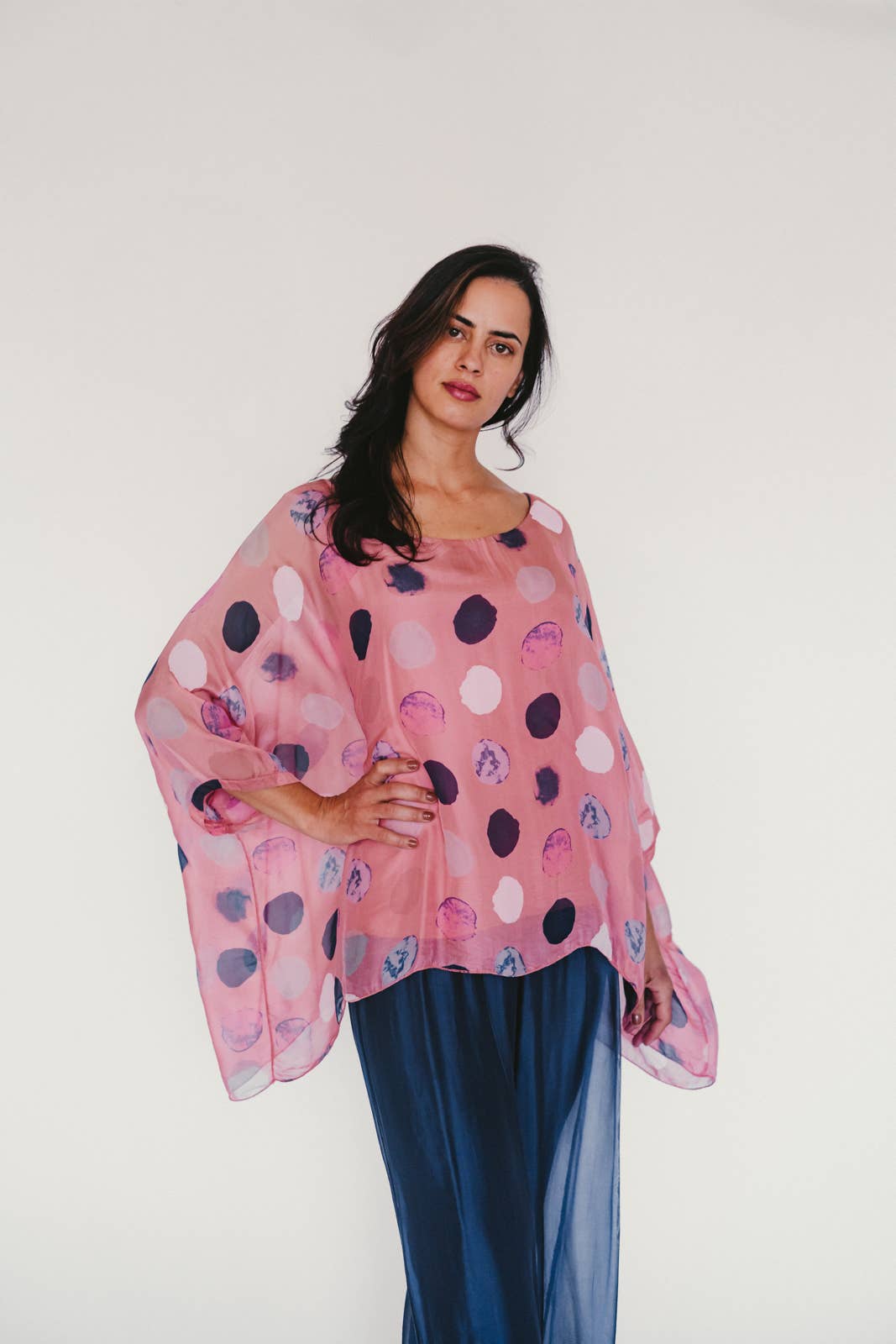 Top-Italian Flowy Silk with Dots: Guava / One Size