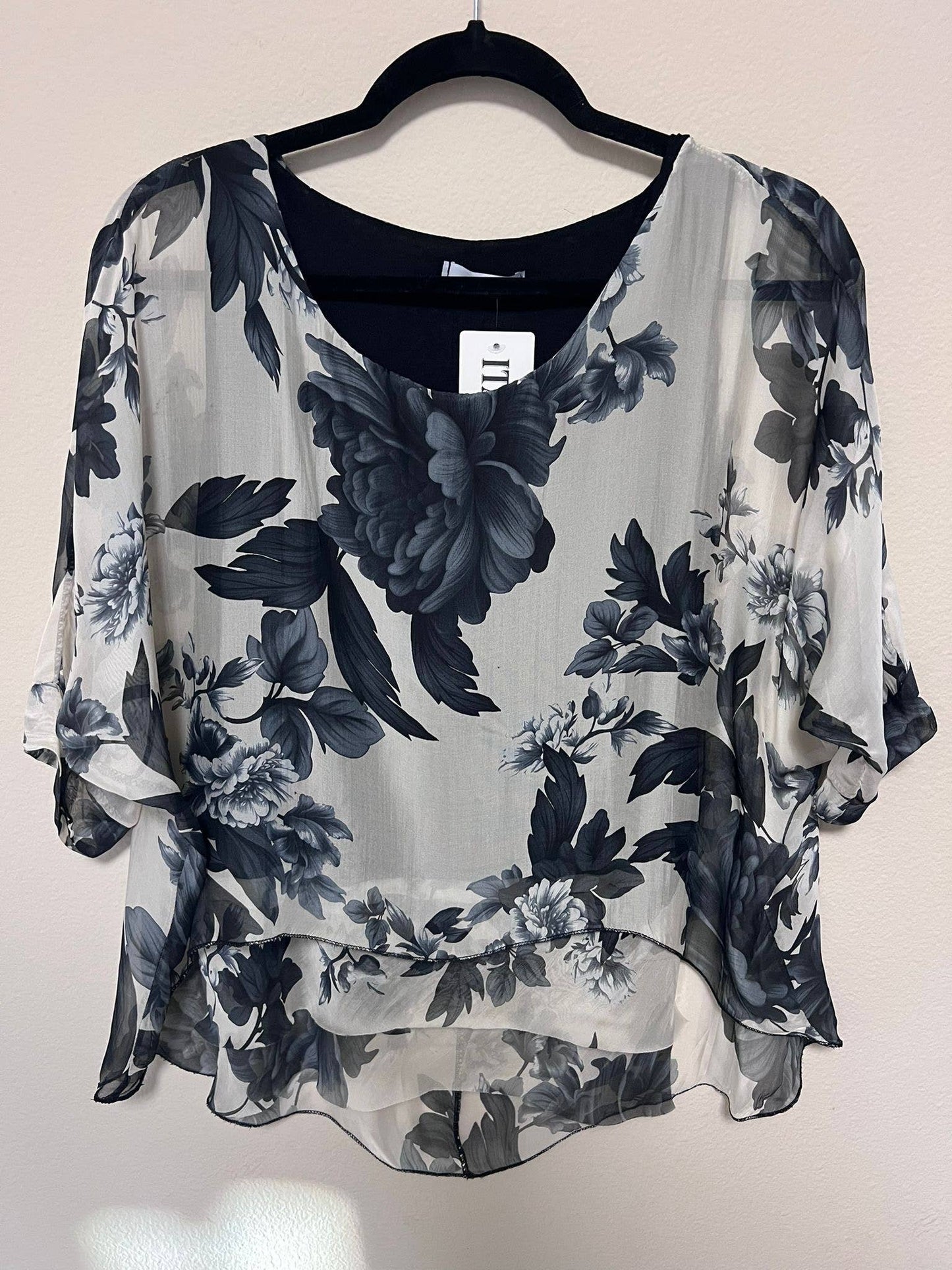Italian Silk Print Top with Frayed Front Layers — New Style