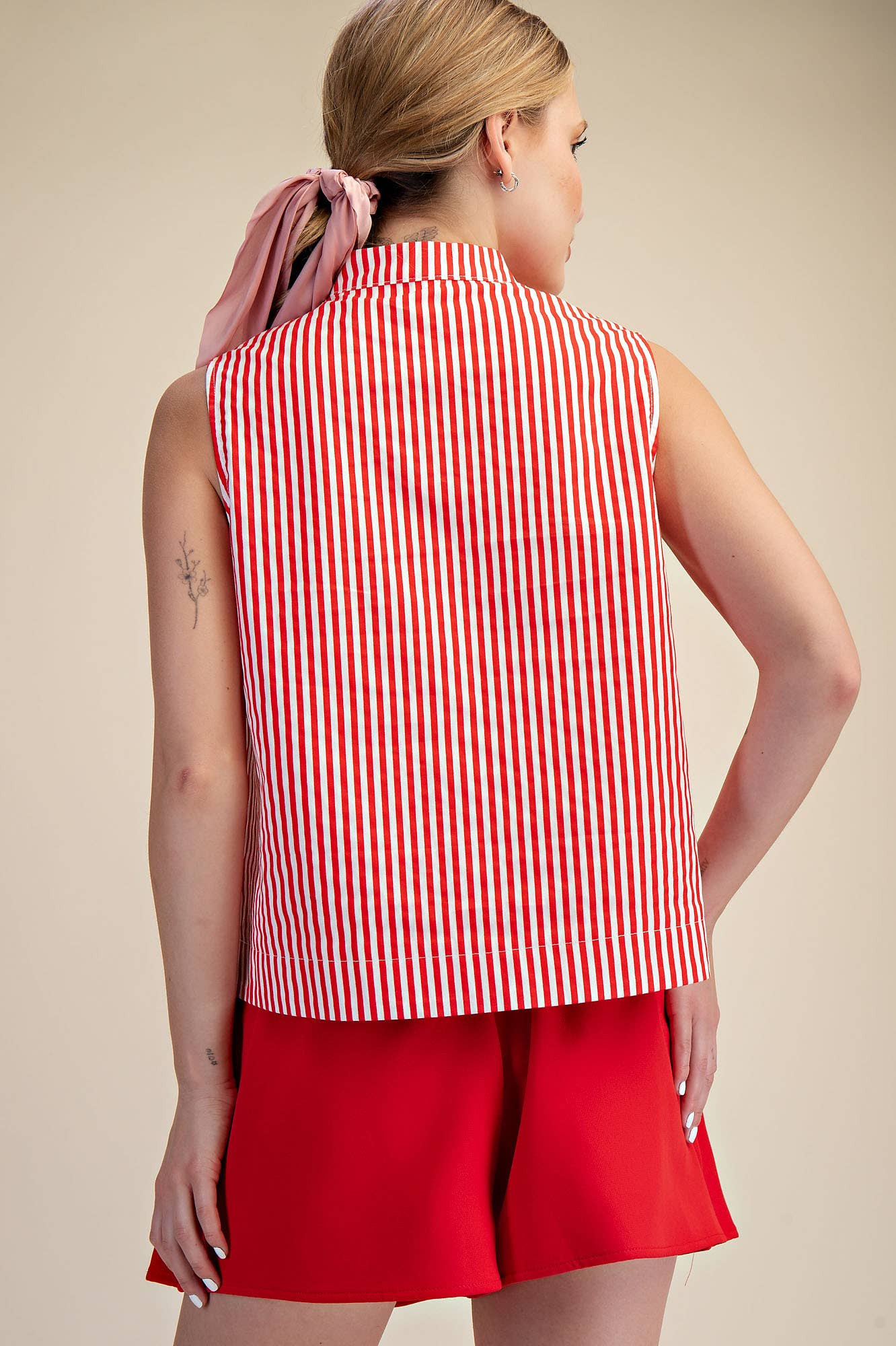 Stand Collar Slit V-Neck Sleeveless Stripe Top | SS26